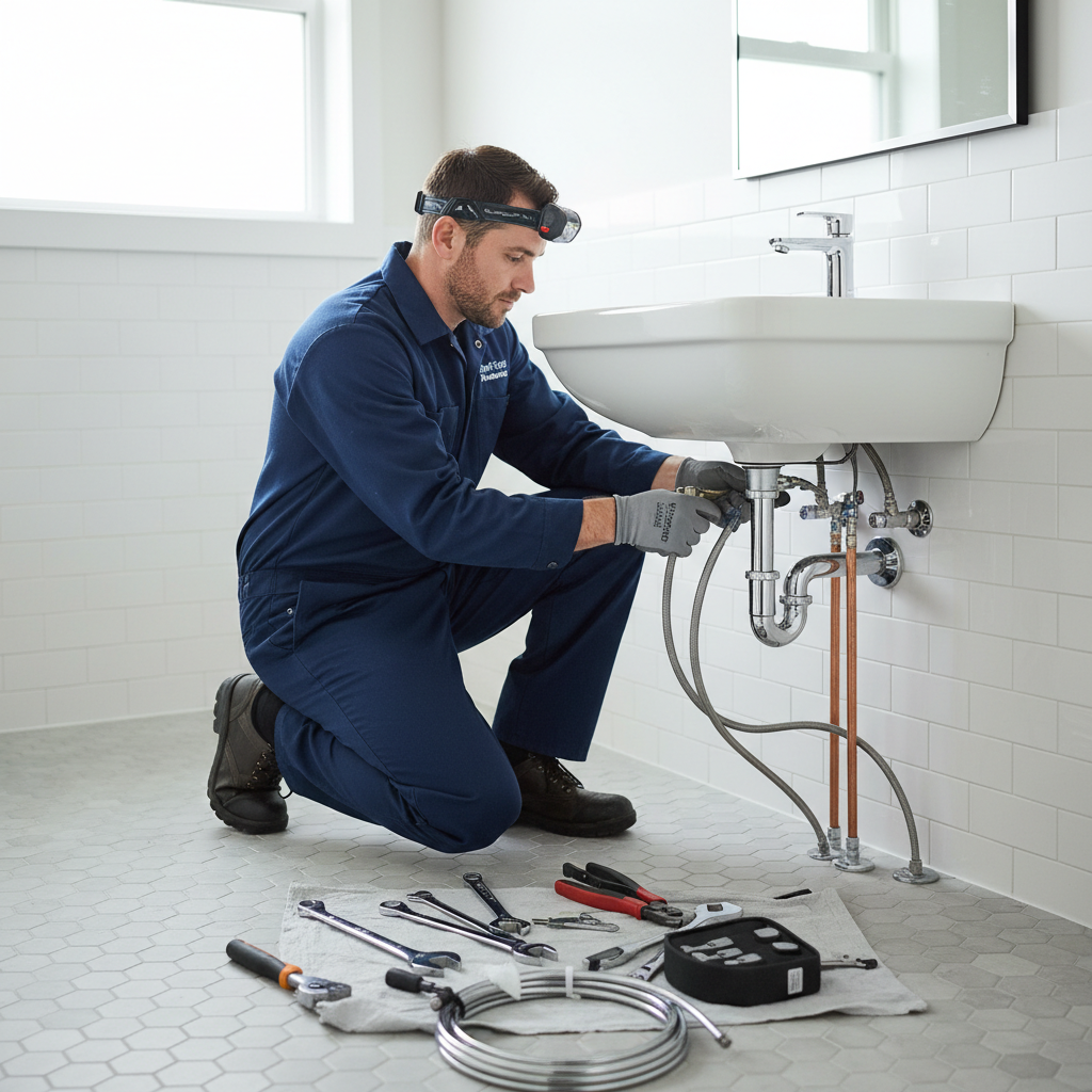 Plumber Installing New Bathroom Fixtures A focused plumber performing precise bathroom plumbing installations Johannesburg in a residential renovation.