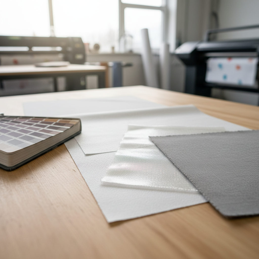 Close-up of high-quality textile swatches and PVC material when choosing banner fabrics for outdoor promotions in a studio.