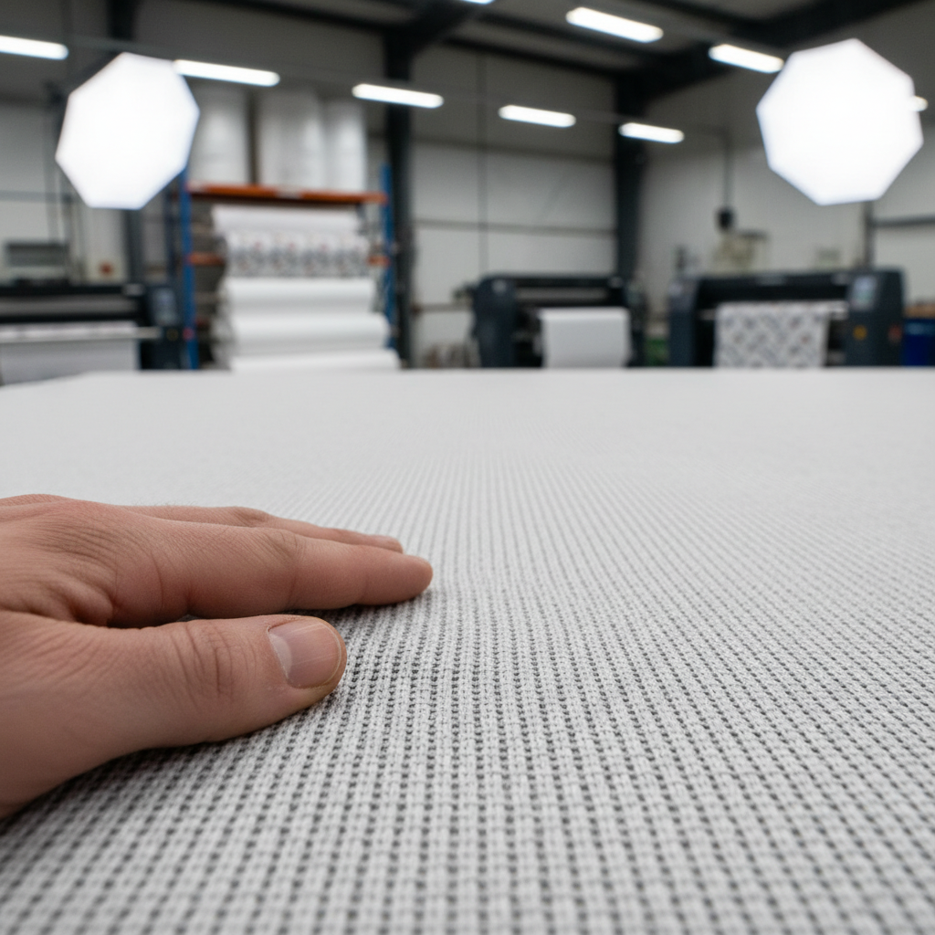Knitted Polyester Fabric Detail for Flags Close up of a worker touching high-quality textile, the best fabric for teardrop flags for durability.