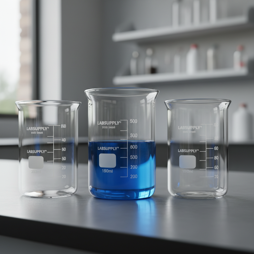 Low form Griffin beakers, common types of laboratory beakers, filled with blue chemical solution.