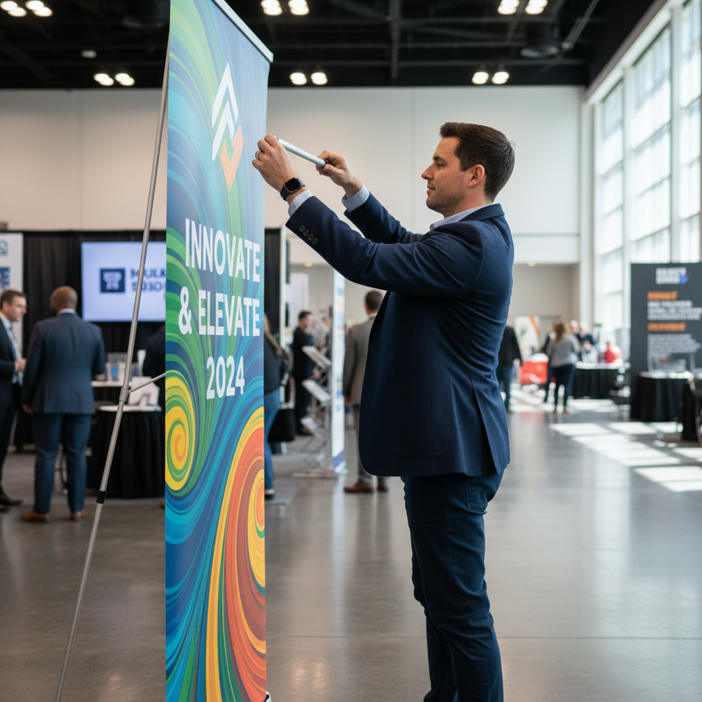 A marketing professional setting up portable pull up banner stands south africa during a business expo.