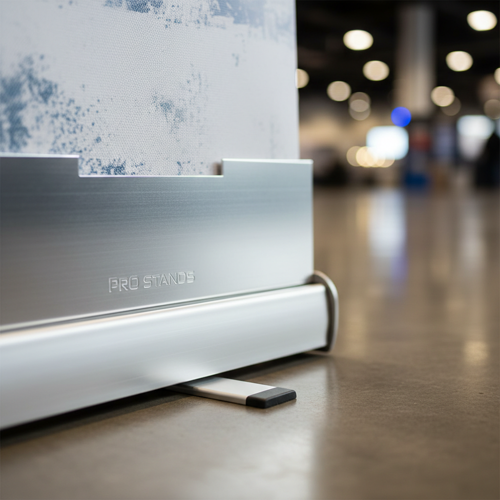 Close-up detail of the retractable mechanism on pull up banner stands south africa at a trade show.