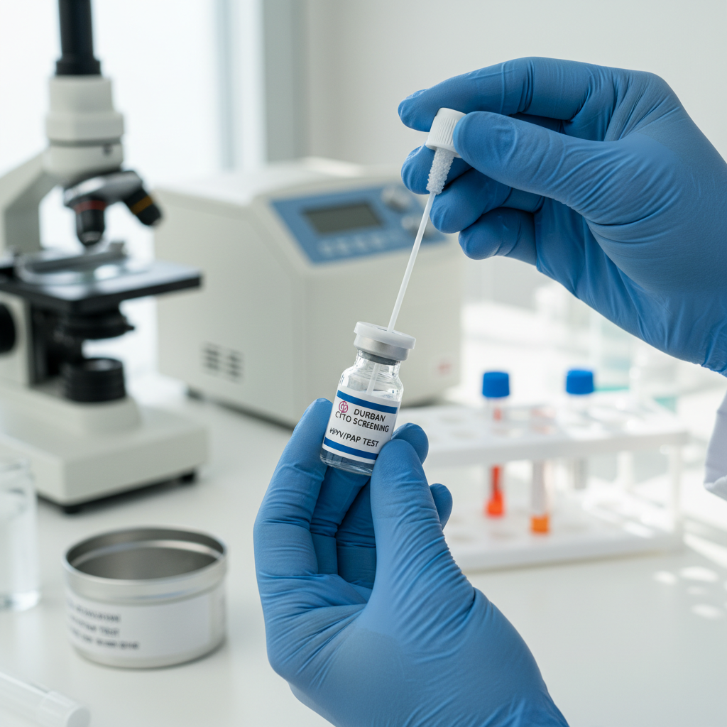A medical professional holding a lab sample for cervical cancer screening durban results.
