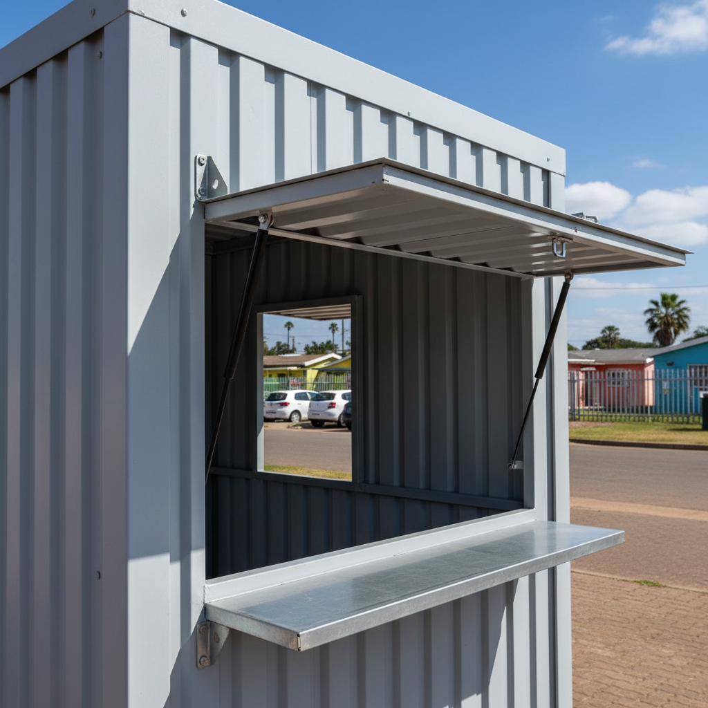 Steel Spaza Shop Container Durban Interior and Hatch A secure steel spaza kiosk parked in a community hub showcasing tuck shop containers for sale durban.
