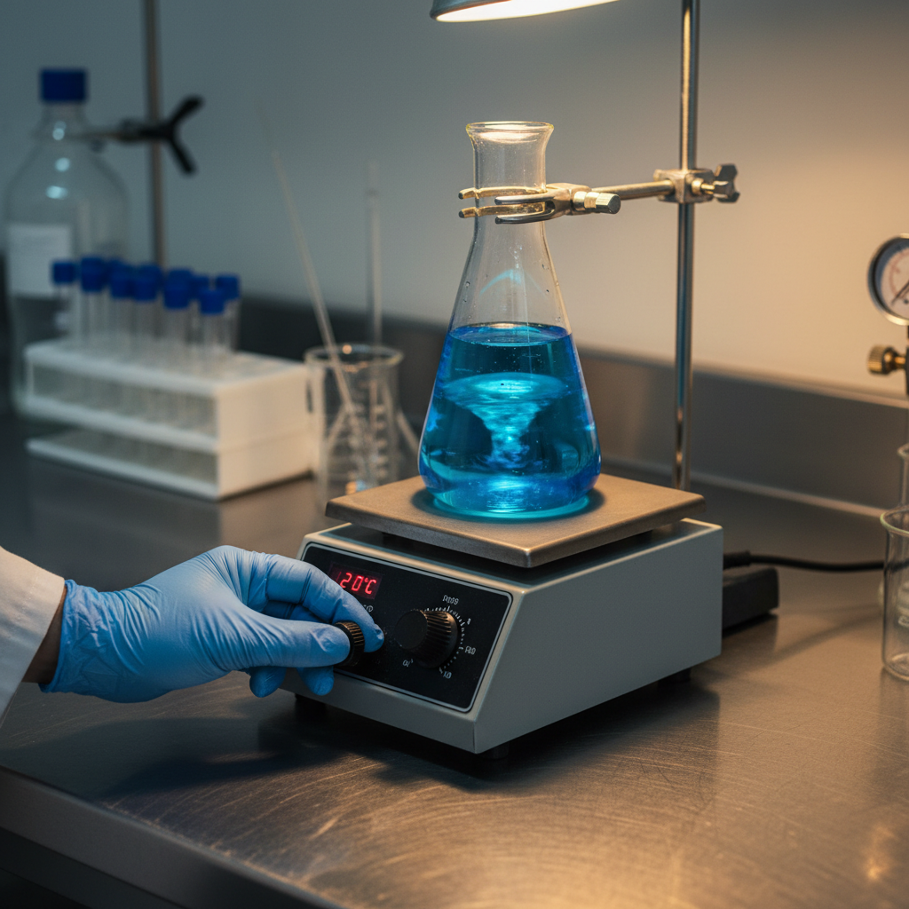 Scientist adjusting the temperature settings on a magnetic stirrer with hot plate in a South African lab.