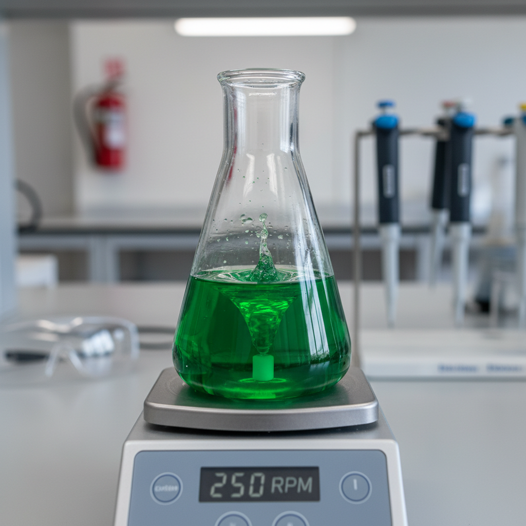 Close-up of a glass beaker with a stirring bar on a magnetic stirrer durban in a chemical lab.