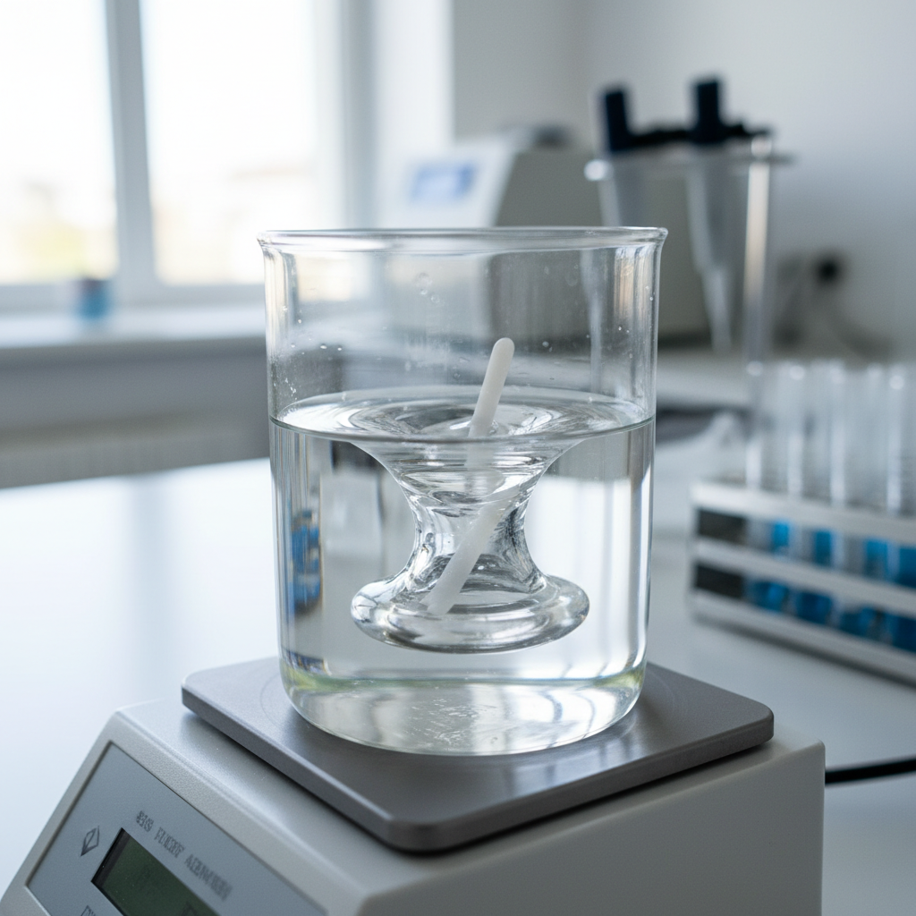 Magnetic Stir Bar Vortex Detail Close-up of a glass beaker on a base plate demonstrating how does a magnetic stirrer work with a stir bar.