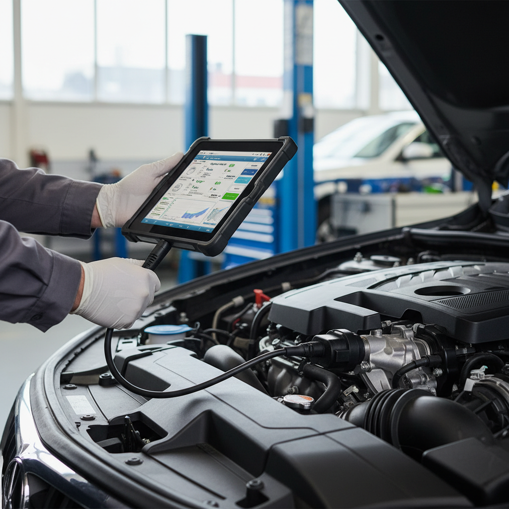 Expert technician using a digital scanner during a major car service in durban to check engine health.