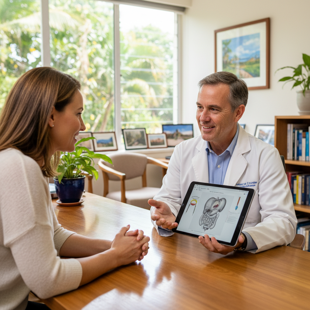 A laparoscopic surgery gynecologist durban explains a minimally invasive procedure to a patient in a clinic.