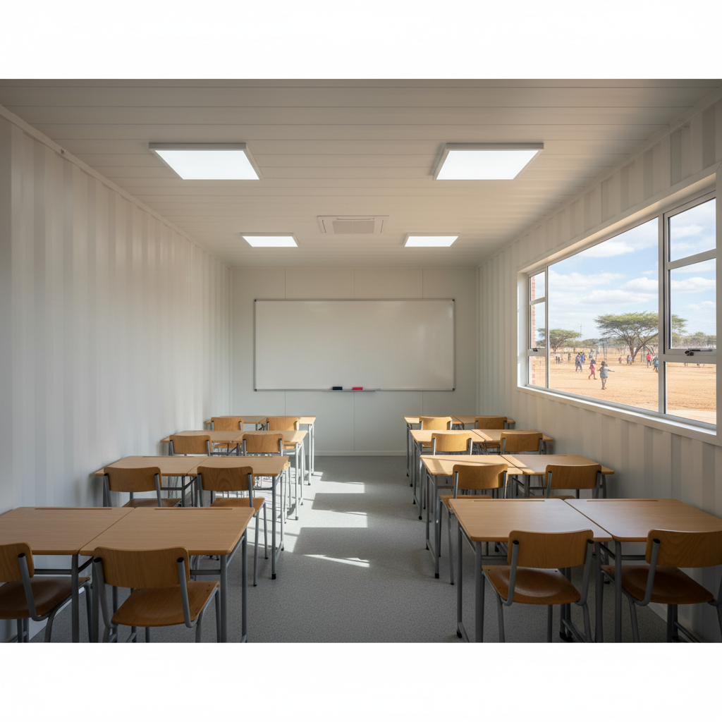 Functional Interior of a Container Classroom Interior view of spacious and well-lit mobile container classrooms durban featuring desks and whiteboards.