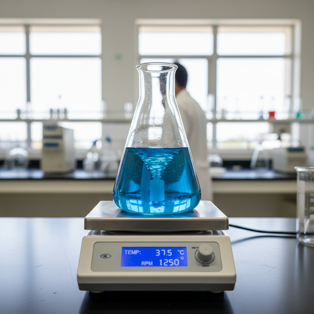 A laboratory hot plate stirrer in operation with magnetic stirrer bars for sale inside a liquid-filled flask.