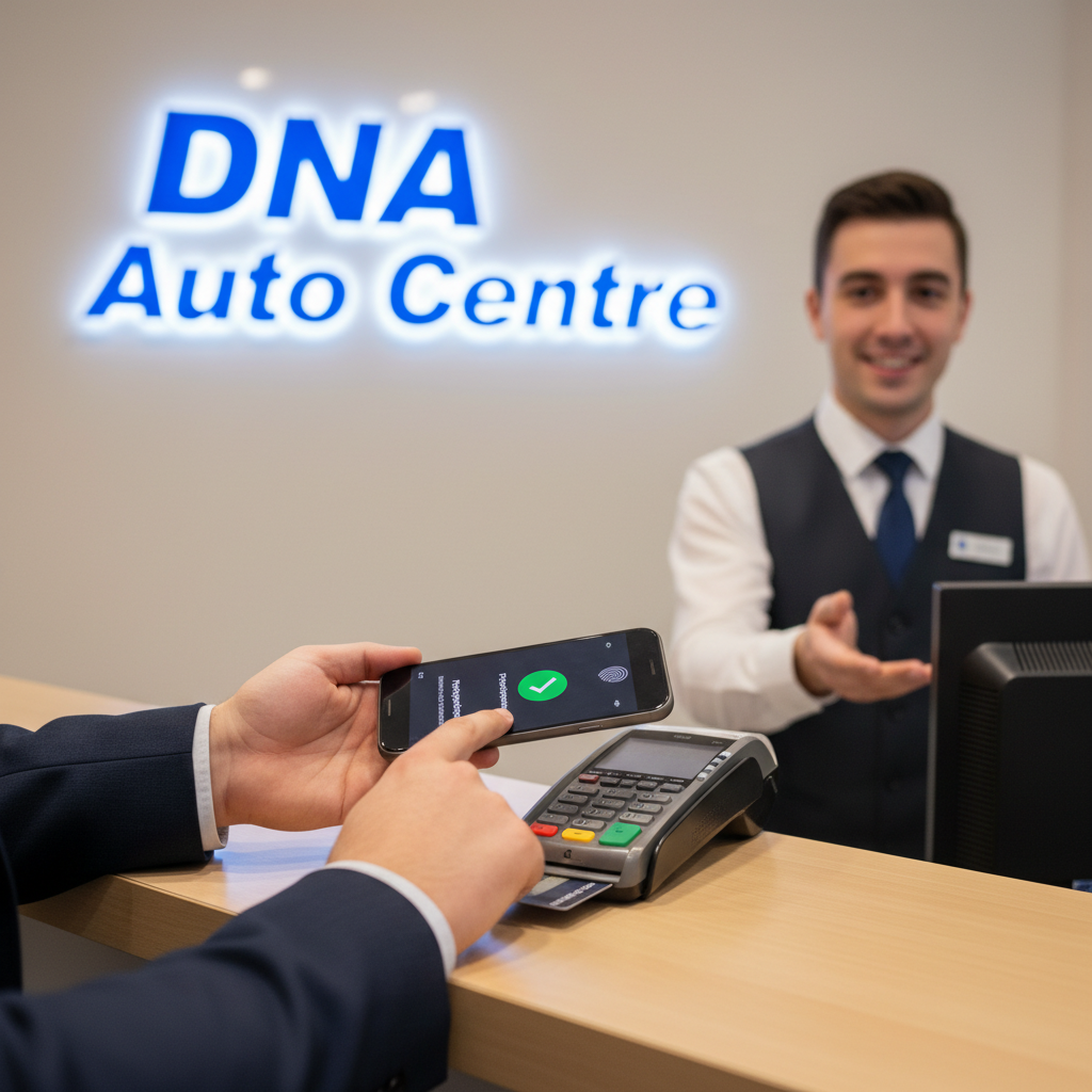 Easy Mobile Payment for Auto Repairs Close up of a customer using a smartphone for a car service pay in installments at a service desk.