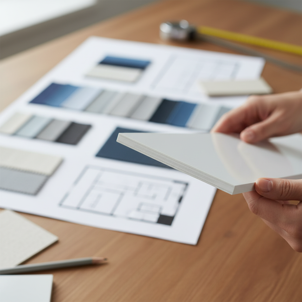 Interior designer holding a sample board featuring a flawless zero glue line edge banding finish for a project.