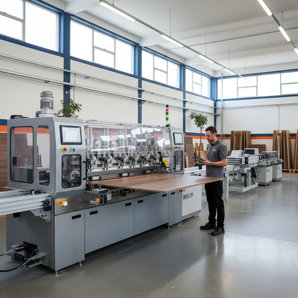 A high-end edge banding machine in a workshop achieving a zero glue line edge banding finish on premium boards.
