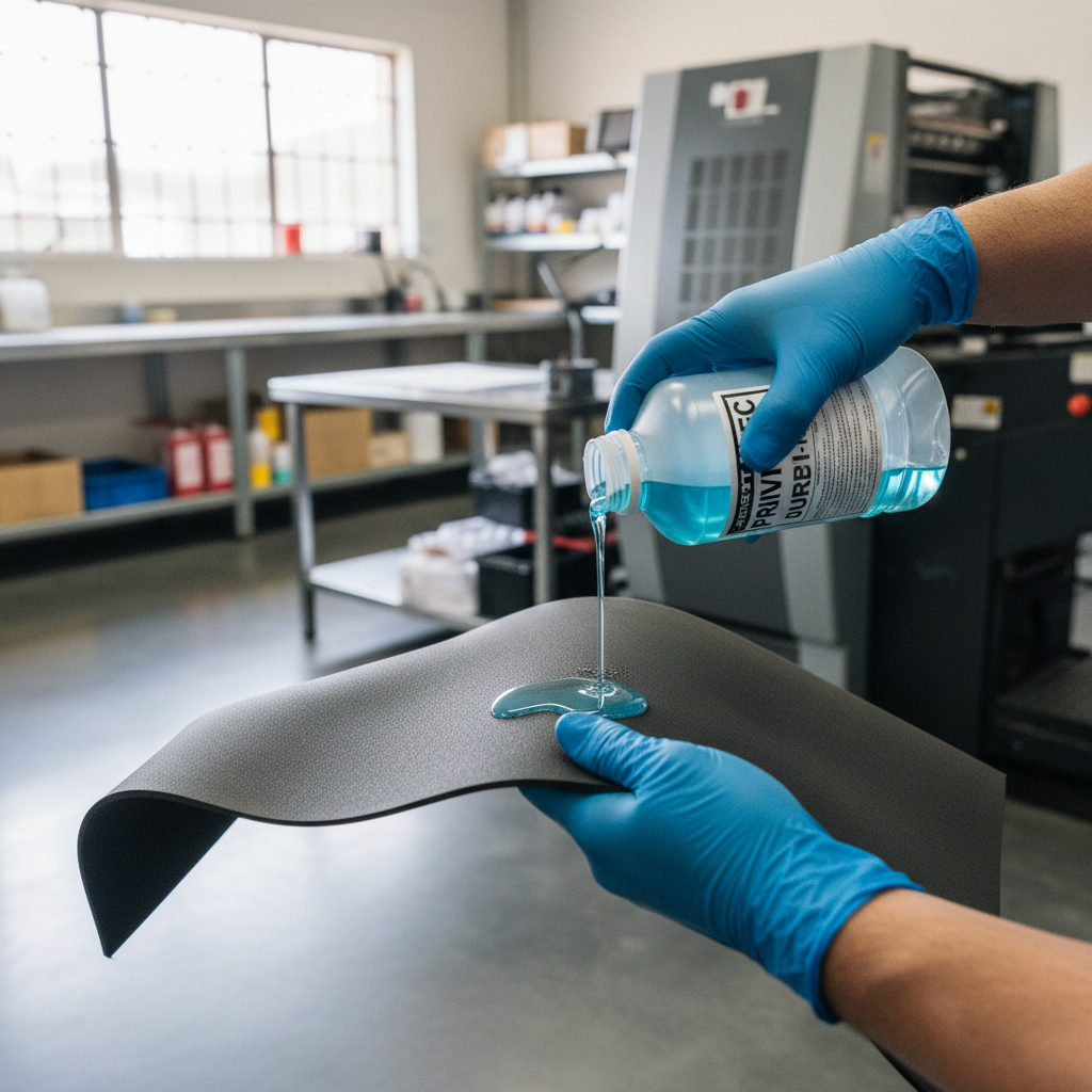 A technician inspecting litho consumables and printing chemicals durban near a large format printing machine.