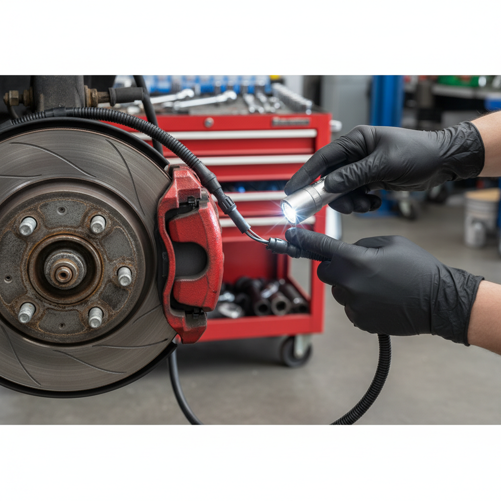 Close up of a technician inspecting a brake assembly during an abs repair near me in a local garage.