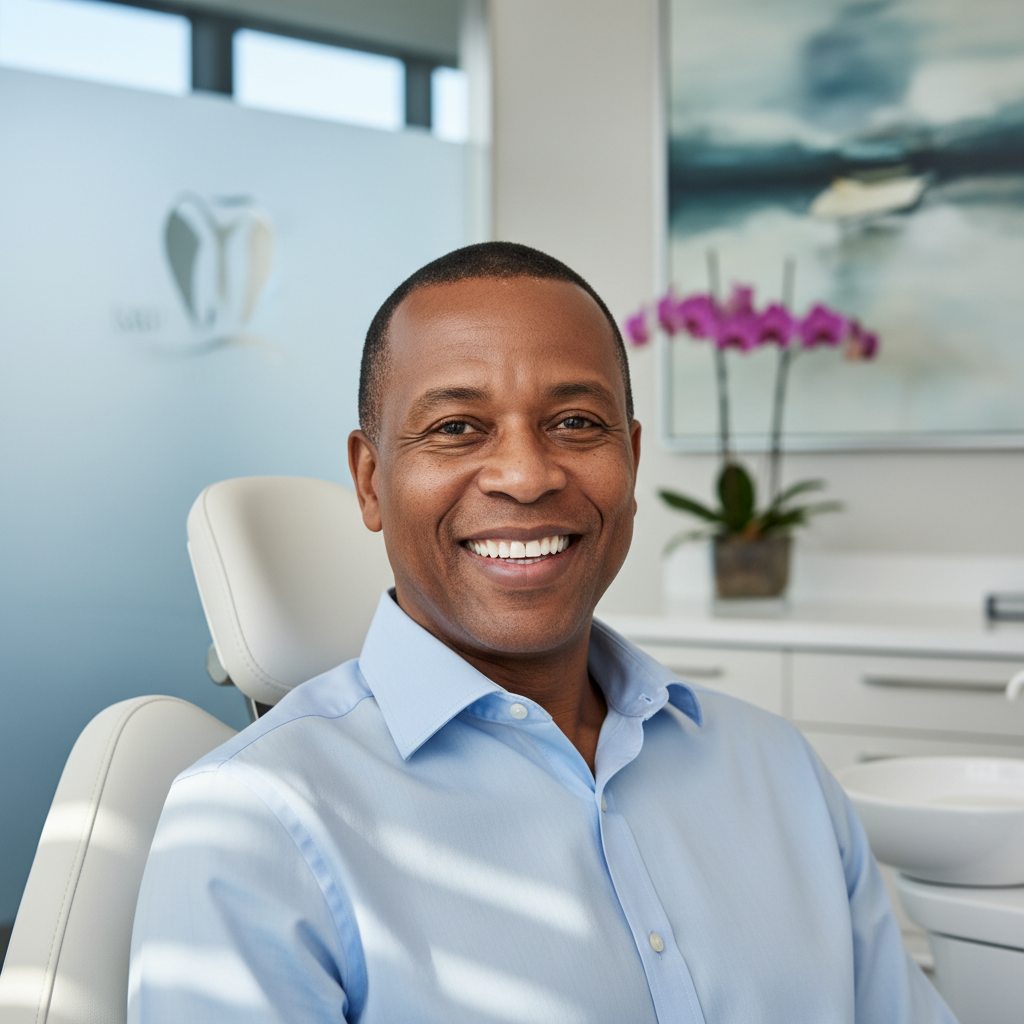 A patient smiling confidently after learning about the cost of dental implants Johannesburg at a clinic.