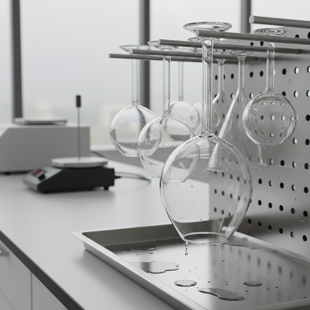 Clean beakers placed on a drying rack as part of the process of how to clean laboratory beakers safely.