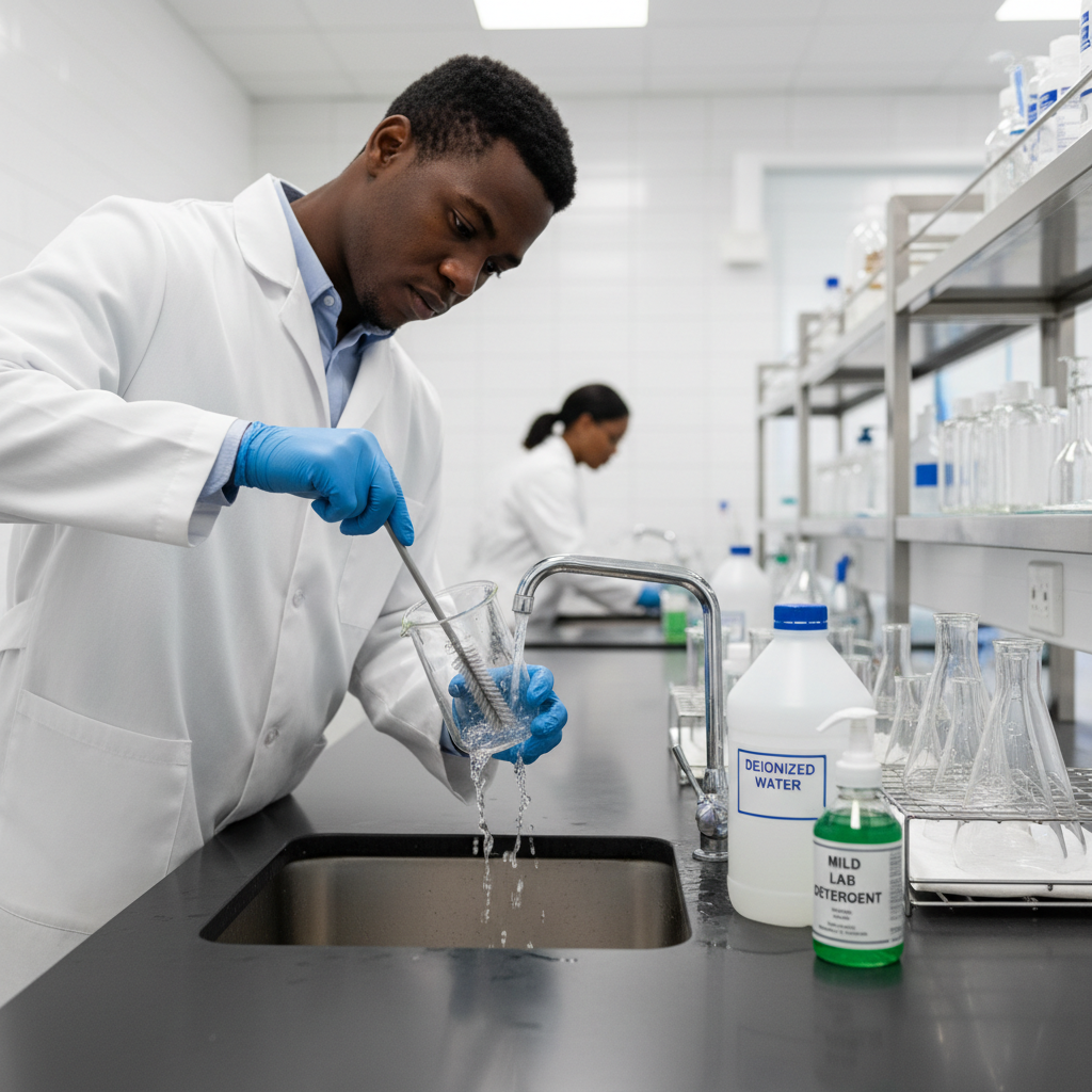 Using a soft brush to show how to clean laboratory beakers safely without scratching the glass surface.