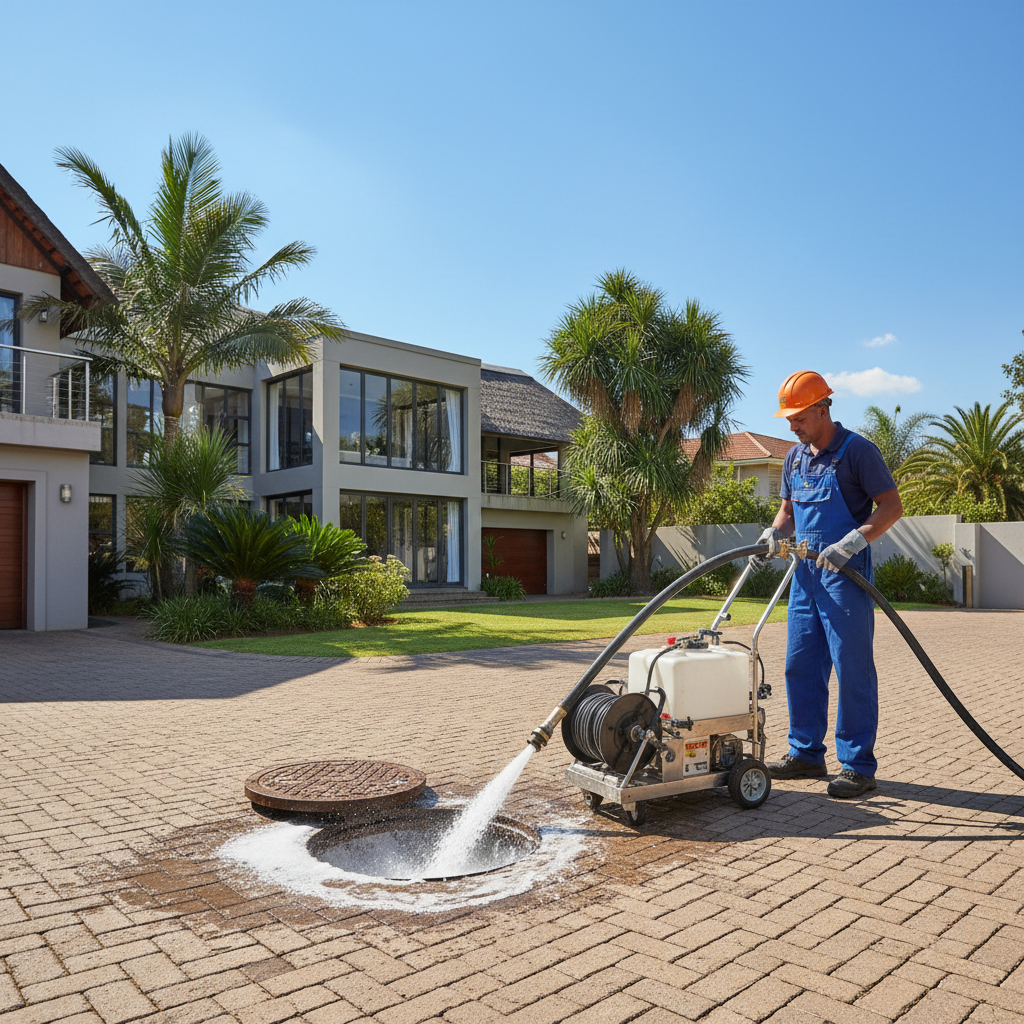 A high-pressure drain cleaning service addressing common plumbing problems in Johannesburg homes outdoors.