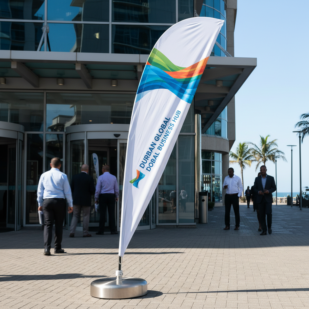 Retail Storefront Teardrop Flag Durban A high-quality teardrop banner durban positioned outside a modern retail storefront on Umgeni Road.