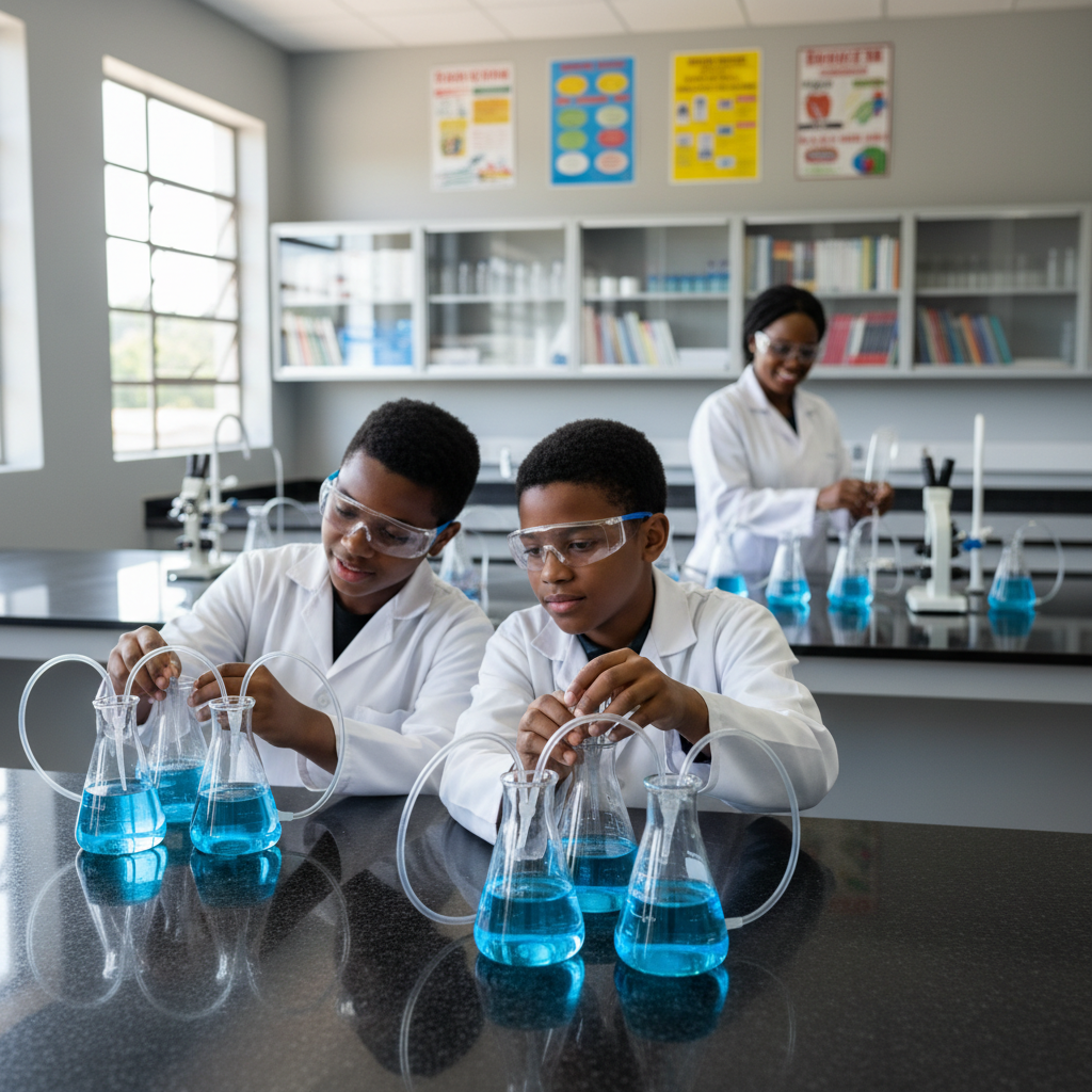 A science teacher preparing a chemistry experiment using bulk lab beakers for schools in a modern classroom.