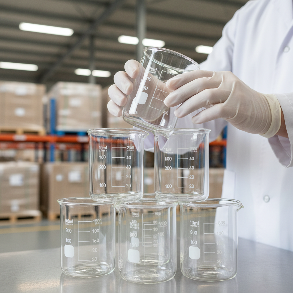 A quality inspector checking a shipment of bulk lab beakers for schools for cracks and defects.