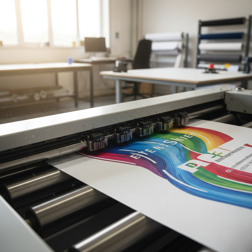 Large format printer processing a high-quality pvc banner material supply for outdoor signage.