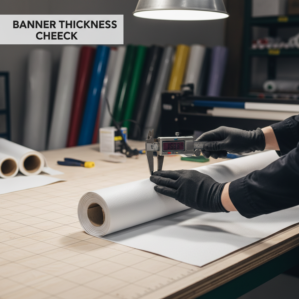 Technician measuring a heavy duty pvc banner material supply roll in a Durban workshop.