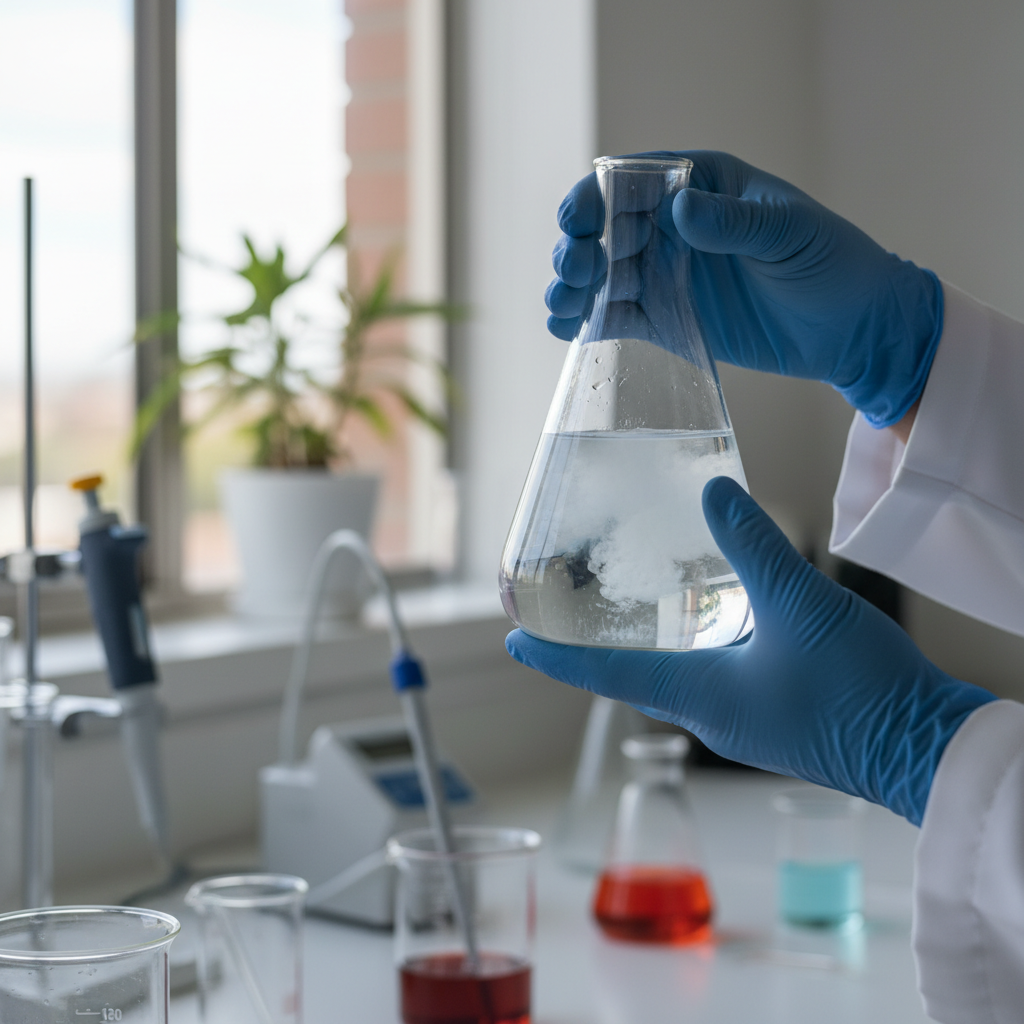 Scientist observing sediment formation during the coagulation and flocculation stage in a glass beaker.