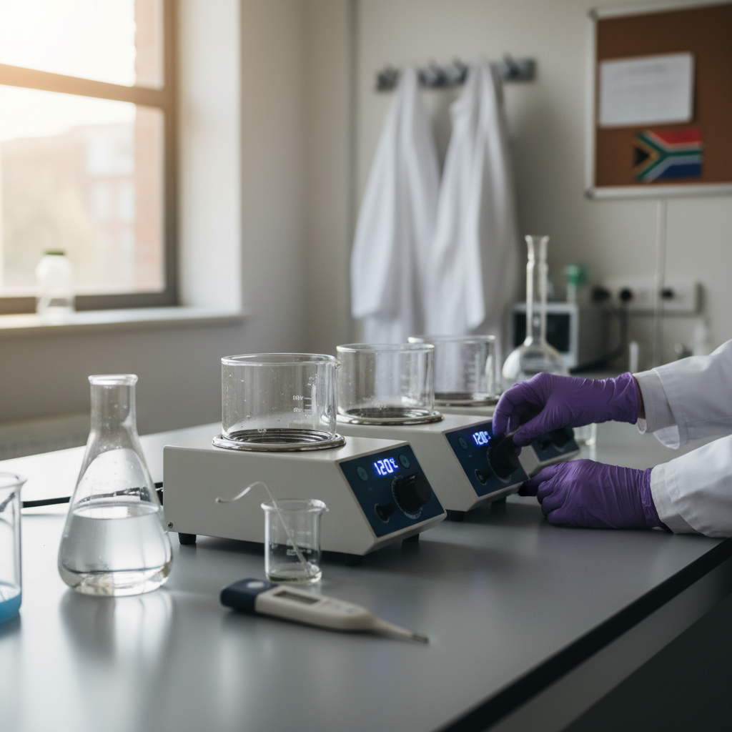 Technical Setup of Flask Heaters Industrial technician inspecting electronic laboratory heating mantles for sale in a Durban facility.