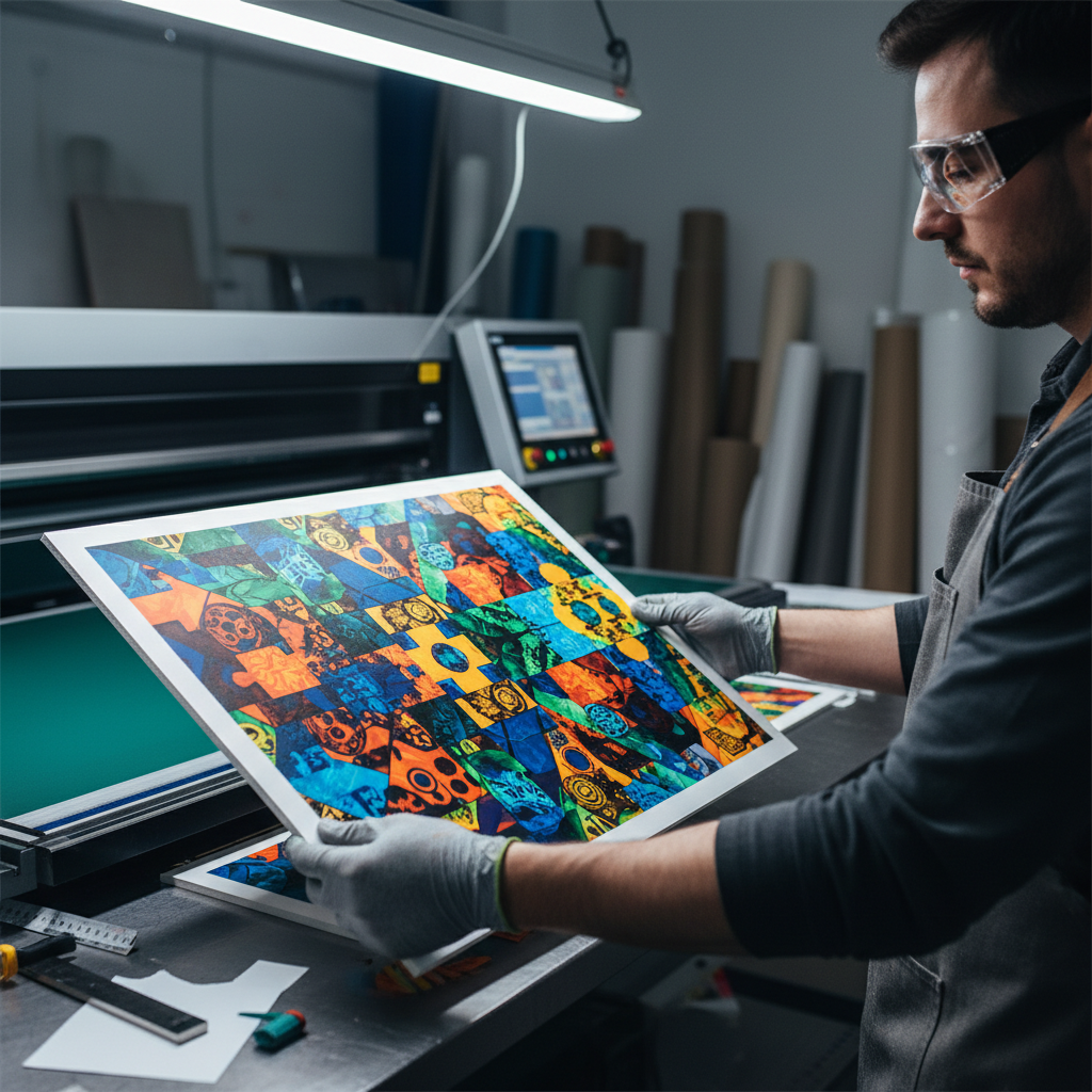 A technician inspecting a detailed print from uv printing machine suppliers durban on a rigid board substrate.