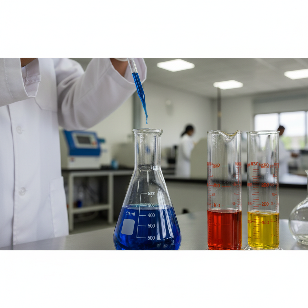Precision Liquid Measurement in Laboratory Scientist carefully pouring liquid into volumetric flasks and measuring cylinders Johannesburg for precise analysis.