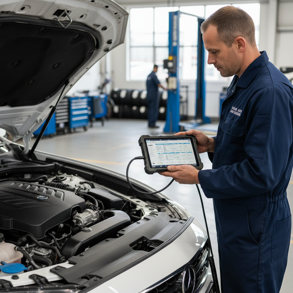 A skilled mechanic performing engine diagnostics as part of routine fleet vehicle repairs in a clean workshop.