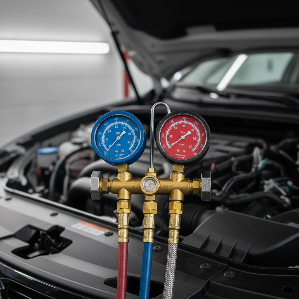 Close-up of automotive AC pressure gauges during an ac regas near me service.