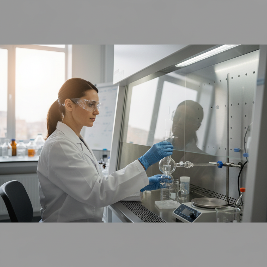 A scientist working safely with chemical samples inside laboratory fume hoods Durban facility.
