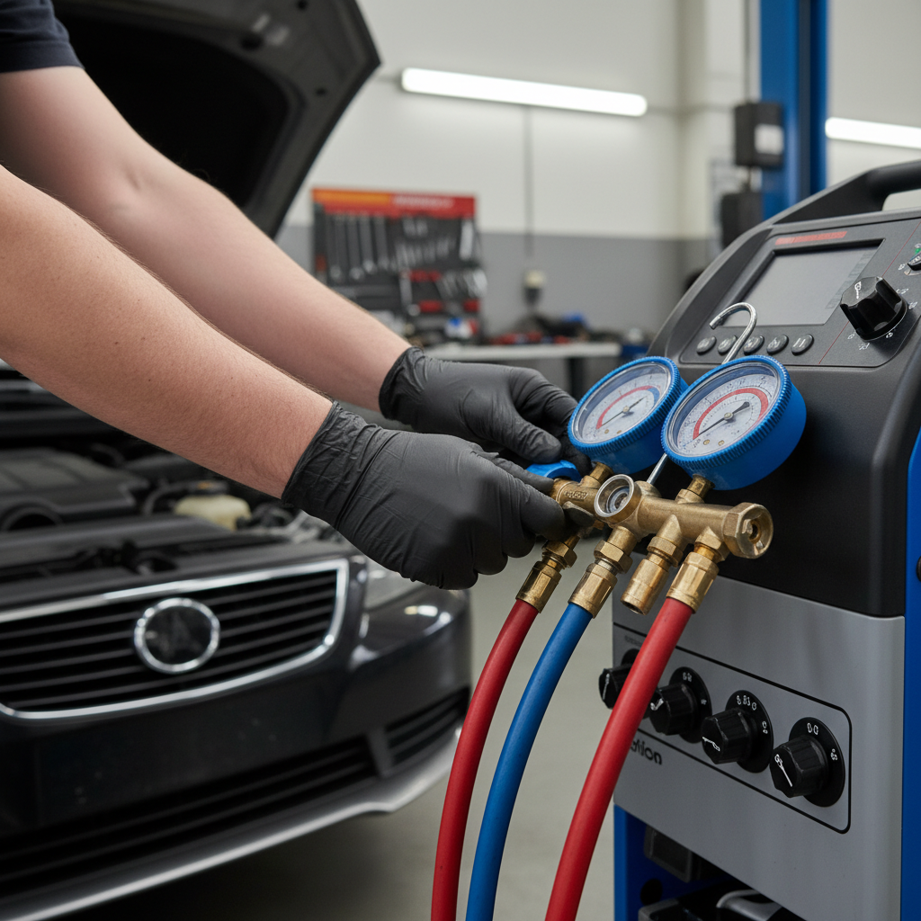 Checking refrigerant levels during car aircon repairs to ensure optimal cooling.