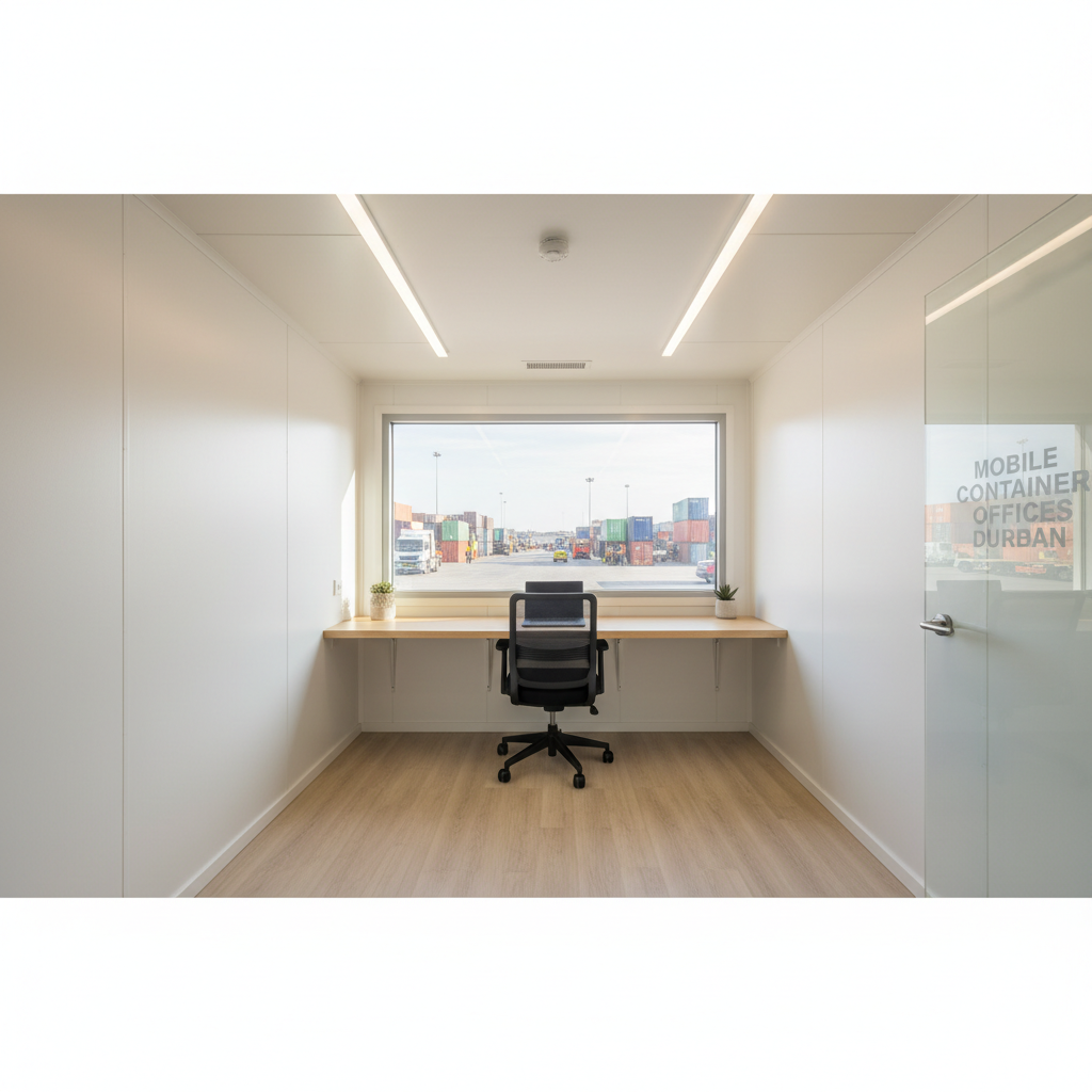 Interior workspace of a portable container office The interior of professional mobile container offices durban featuring a desk, swivel chair and modern flooring.