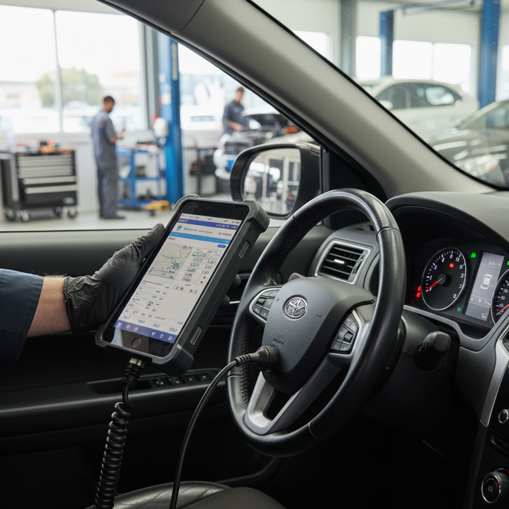 A technician using a digital tablet for a car service Durban diagnostic check on a vehicle.