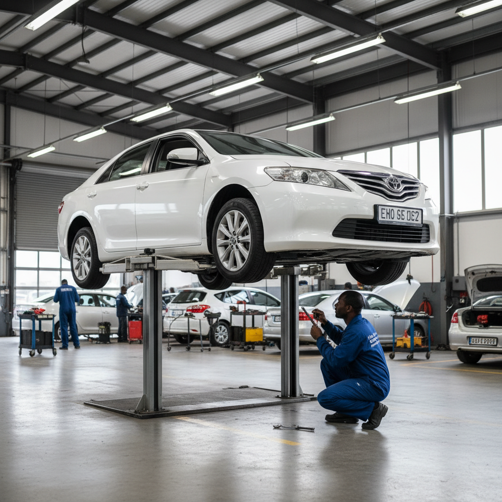 A car on a hydraulic lift undergoing a comprehensive car service Durban at DNA Auto Centre. Professional Car Service Durban