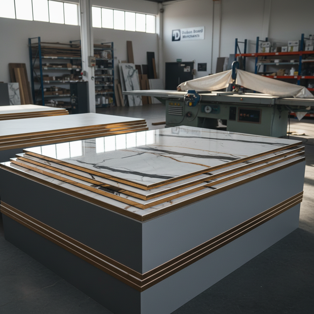 Stack of precision-processed marble effect panels ready for delivery at a cut and edge durban warehouse.