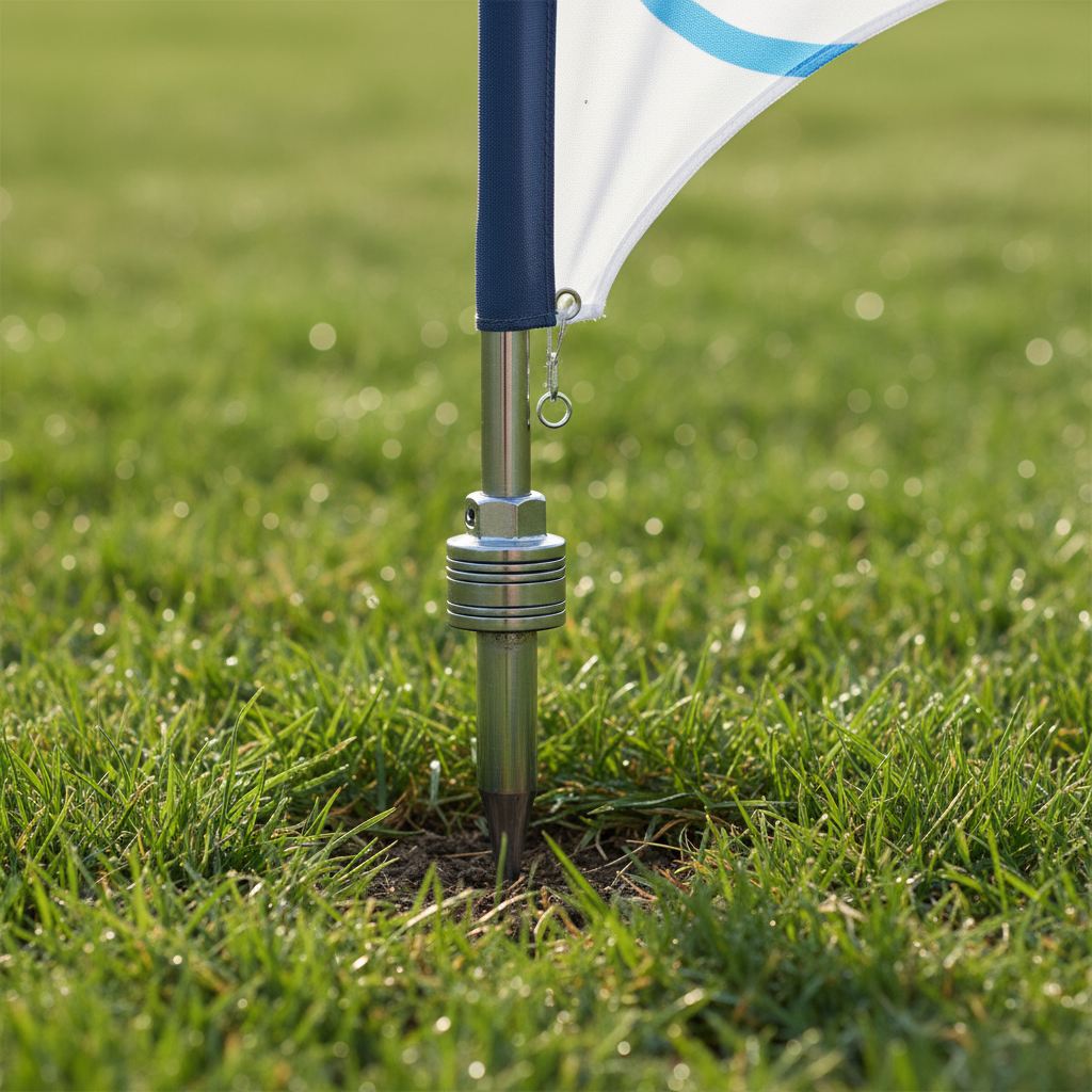 Close-up of durable rotating ground spikes for teardrop banner stands on a grassy field.