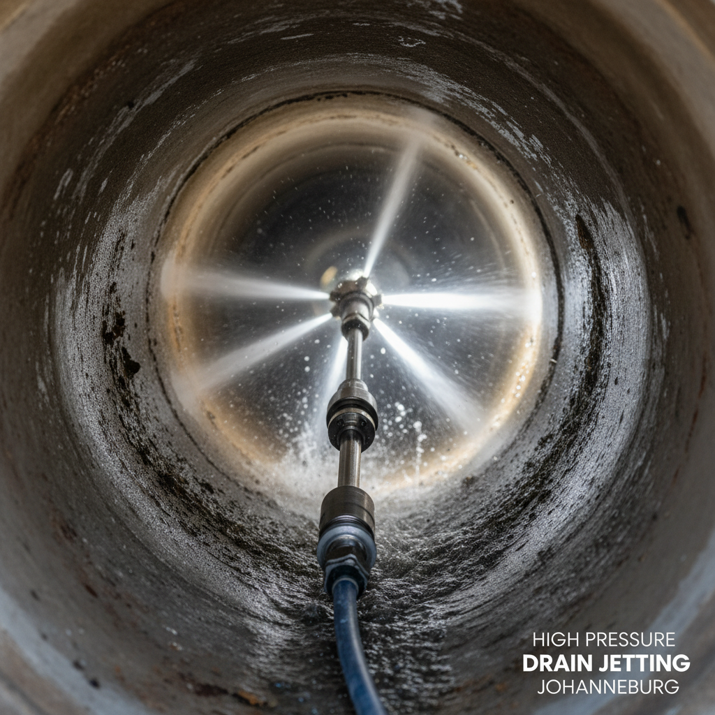 Close-up of Hydro Jetting Equipment A close-up of a hydro-jetting nozzle clearing a clogged pipe using high pressure drain jetting Johannesburg technology.