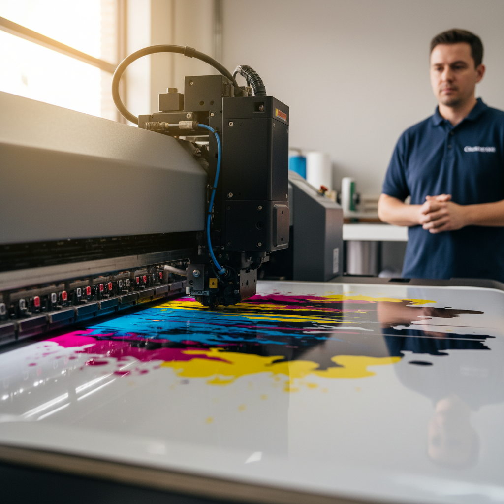 A technician inspecting print quality to determine the best large format banner printing machine price and value.