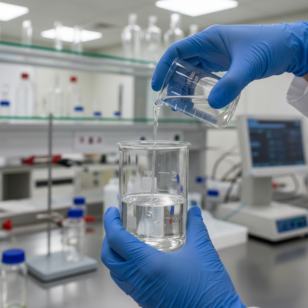 Laboratory technician using professional lab beakers durban for chemical research in a sterile facility.