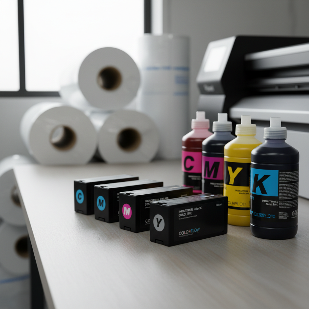 Premium Eco-Solvent Ink Cartridges Rows of premium CMYK cartridges containing eco solvent ink for banner printing in a Durban signage warehouse.