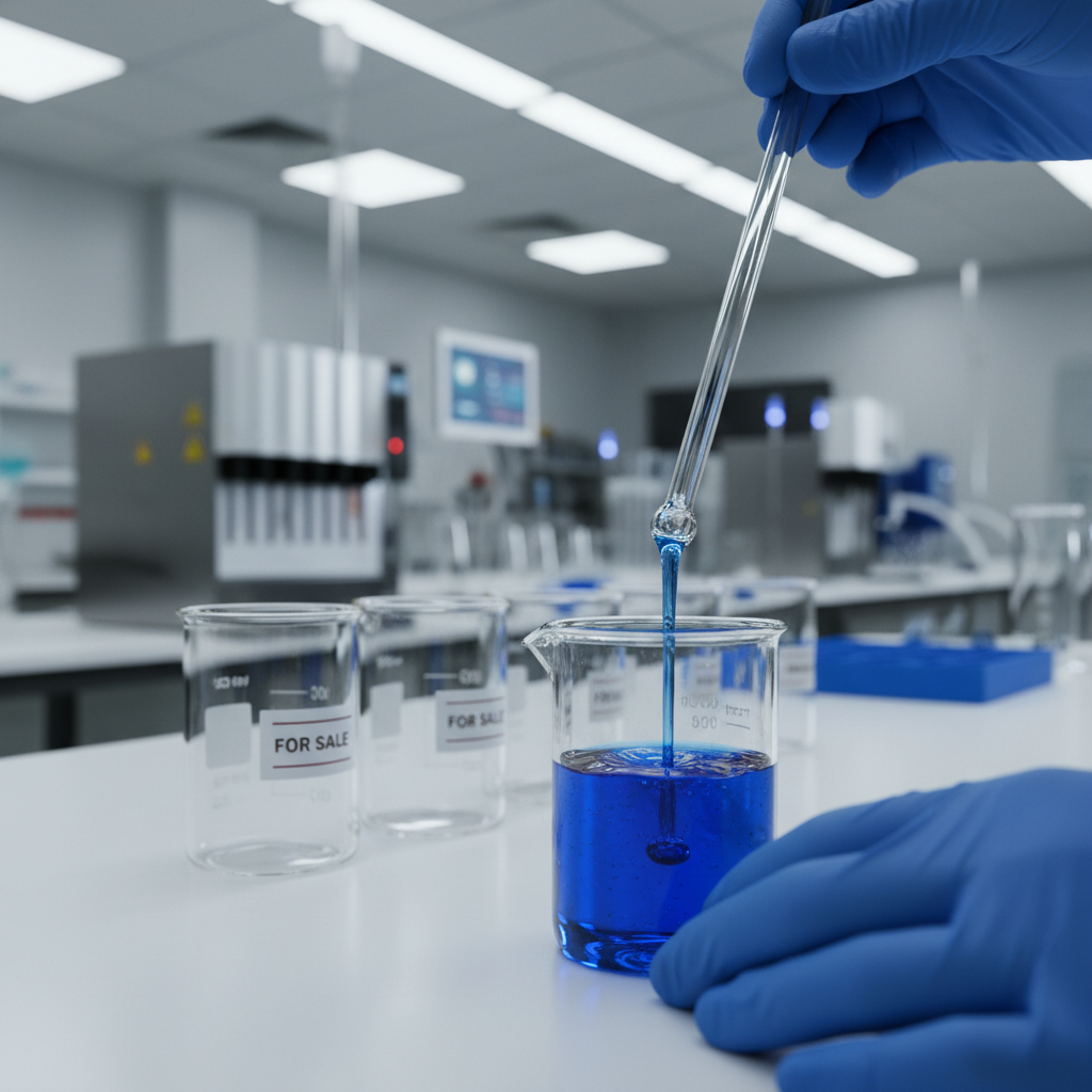 A lab technician pouring blue liquid into durable glass lab beakers for sale in a Durban research facility.