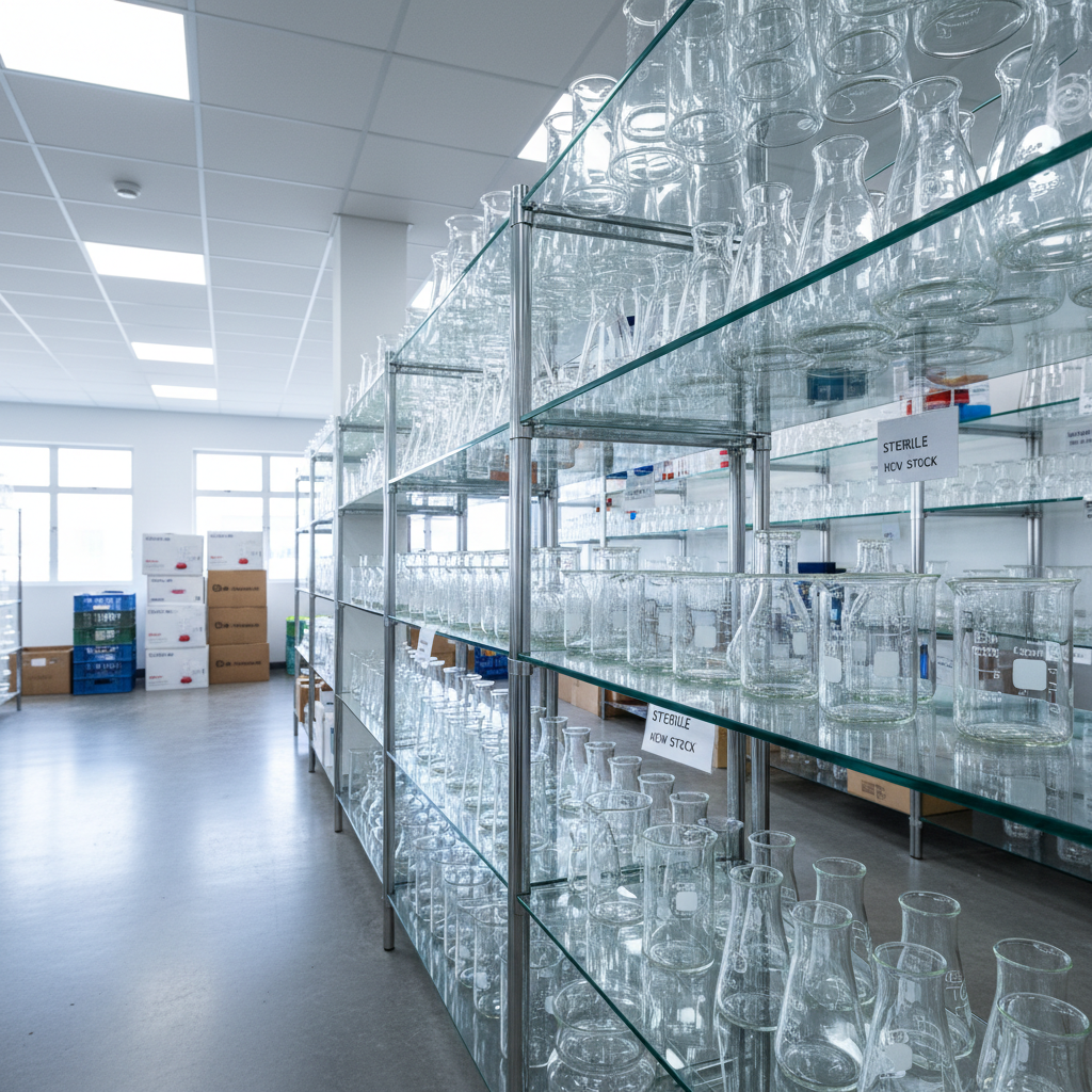 Assorted graduated low-form lab beakers for sale stored on a professional laboratory shelving unit.