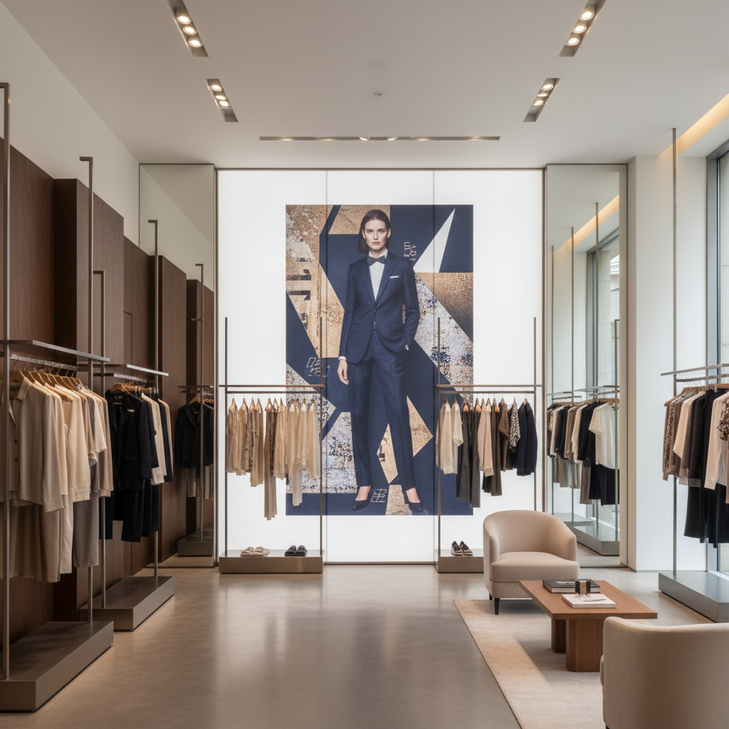 Retail Textile Branding Solution A sleek tension framing system featuring printable polyester fabric for banners in a high-end retail store.