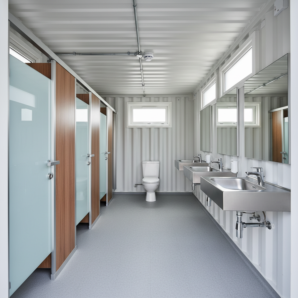 Hygienic Interior of Container Ablution Units Modern interior of container toilet units durban featuring stainless steel basins and ceramic toilets.